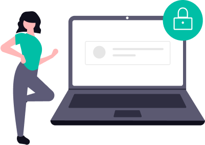 Pessoa ao lado de um laptop com imagem de um cadeado no canto direito superior.